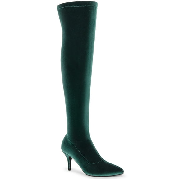 BLISSFUL STEP Faux Velvet Pointed Toe Stiletto Heels Over the Knee High Boots for Women Green 10