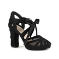 thumbnail image 1 of BLISSFUL STEP Floral Platform Heel Lace Mesh Chunky Heel Sandals for Women Black (Size 7.5), 1 of 7