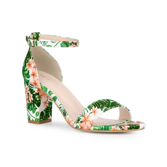 BLISSFUL STEP Women's Shoes Floral Printed Chunky Heel Ankle Strap Open Toe Block Heel Dress Sandals Green 8.5