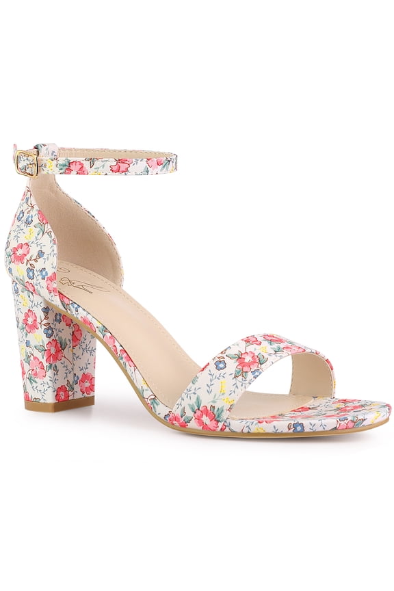 Women's Shoes Floral Printed Chunky Heel Ankle Strap Open Toe Block Heel Dress Sandals Red Flower 9