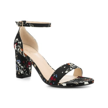 BLISSFUL STEP Floral Printed Open Toe Ankle Strap Block Heel Sandals for Women Black Flower 8.5