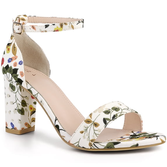 BLISSFUL STEP Inspired Women's Shoes Floral Printed Chunky Heel Ankle Strap Open Toe Block Heel Dress Sandals White 7