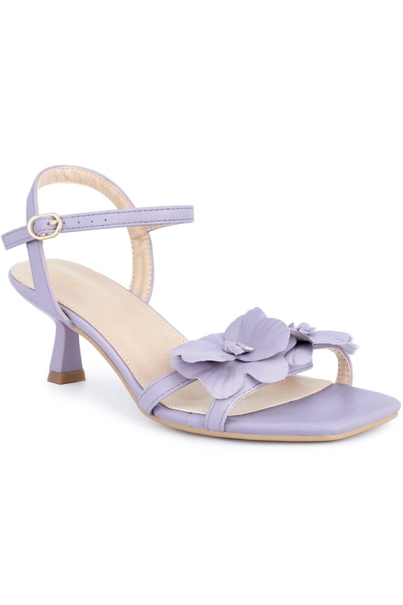 Women's Shoes Square Toe Flower Ankle Strap Kitten Heel Sandals Light Purple 9