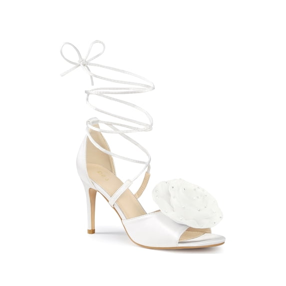BLISSFUL STEP Flower Heels Lace Up Stiletto Heel Sandals for Women White (Size 9)