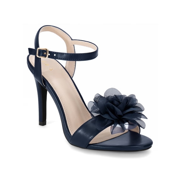 BLISSFUL STEP Flower Open Toe Ankle Strap Slingback Stiletto Heel Sandals for Women Dark Blue 9