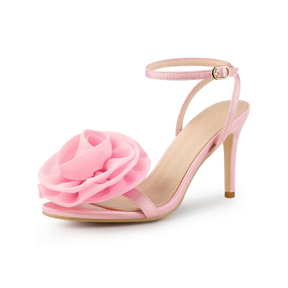 BLISSFUL STEP Flower Open Toe Slingback Stiletto Heels Ankle Strap Sandals for Women Bling Pink 6