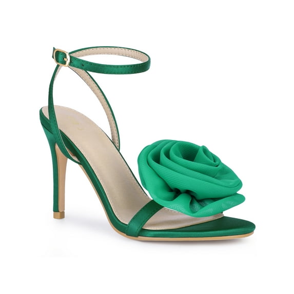BLISSFUL STEP Flower Open Toe Slingback Stiletto Heels Ankle Strap Sandals for Women Dark Green 8