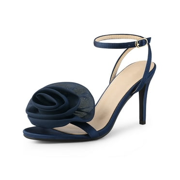 Perphy Flower Open Toe Slingback Stiletto Heels Ankle Strap Sandals for Women Navy Blue 6