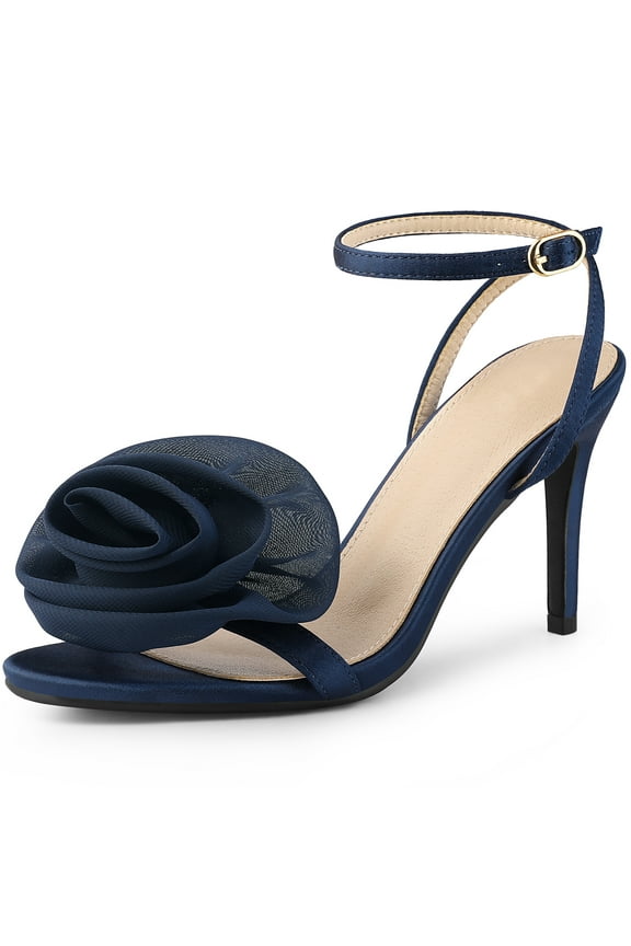 Flower Open Toe Slingback Stiletto Heels Ankle Strap Sandals for Women Navy Blue 6