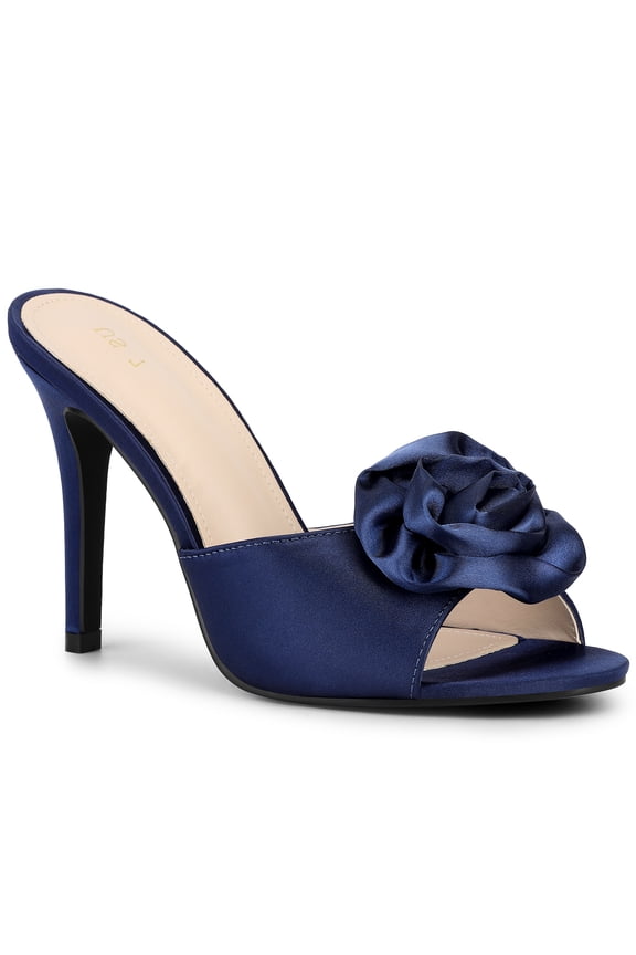 Flower Open Toe Slip on Stiletto Heel Slide Sandals for Women Dark Blue 6