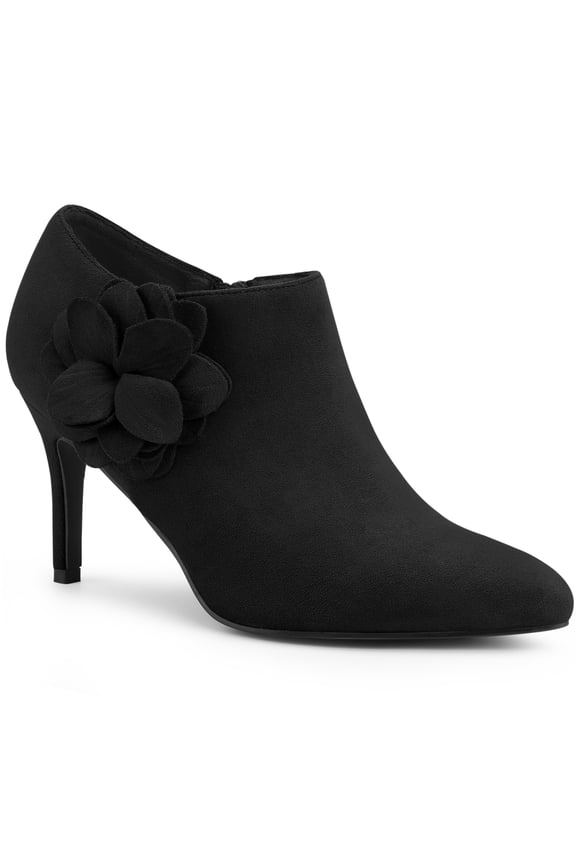 Women's Ankle Boots Flower Stiletto Heel Pointed Toe Faux Suede Zipper Booties Black 8