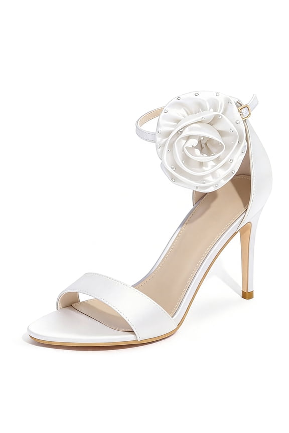 Flower Satin Stiletto Heels Ankle Strap High Heel Sandals for Women White (Size 9)