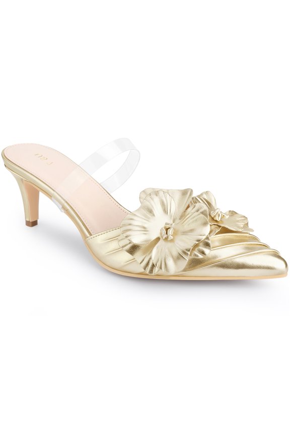 Flower Stiletto Heels Pointed Toe Slouches Slip On Mules for Women Gold (Size 6.5)