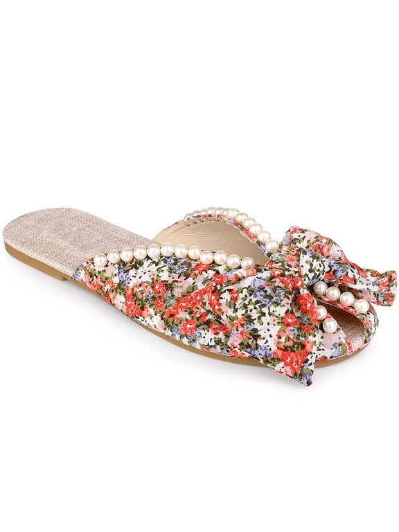 Flowers Printed PeepToe Slip on Pearl Flat Slides Mules for Women