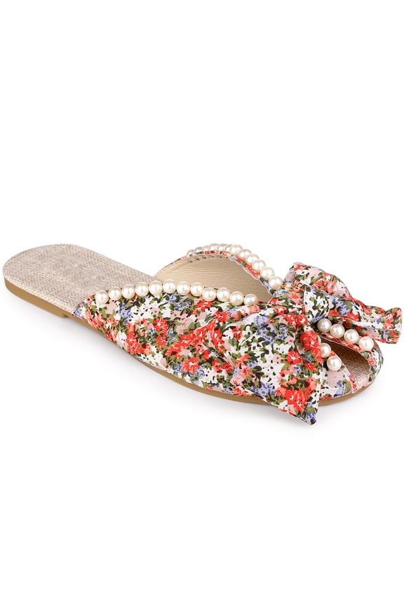 Flowers Printed PeepToe Slip on Pearl Flat Slides Mules for Women