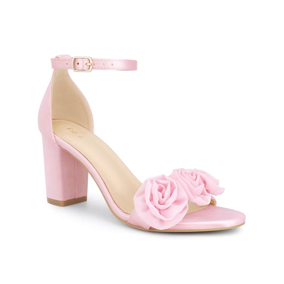 BLISSFUL STEP Flowers Satin Block Heels Ankle Strap Open Toe Heel Sandals for Women Bling Pink 6