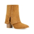 thumbnail image 1 of BLISSFUL STEP Women's Boots Studded Faux Suede Pointed Toe Chunky Heel Zipper Booties Brown 7.5, 1 of 6