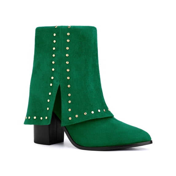 BLISSFUL STEP Women's Boots Studded Faux Suede Pointed Toe Chunky Heel Zipper Booties Green 6