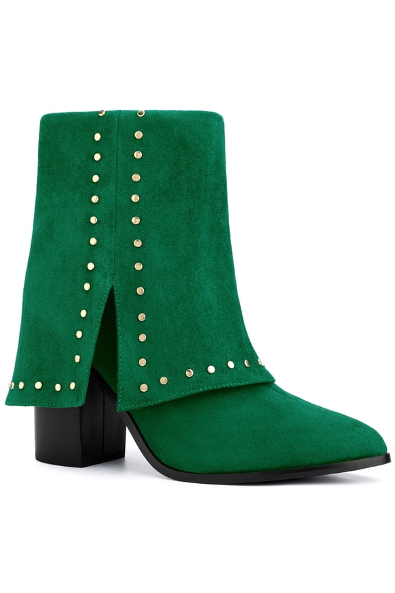 Women's Boots Studded Faux Suede Pointed Toe Chunky Heel Zipper Booties Green 8