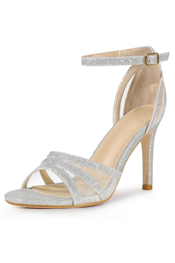 Glitter Ankle Strap Stiletto Heels Sandals for Women Silver 7.5