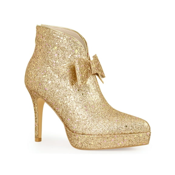BLISSFUL STEP Women's Ankle Boots Platform Stiletto Heel Glitter Bow Decor Booties Rose Gold 9
