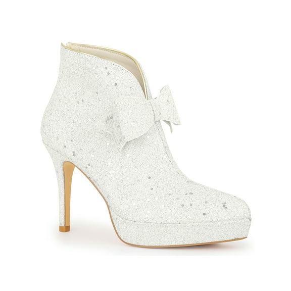 BLISSFUL STEP Women's Ankle Boots Platform Stiletto Heel Glitter Bow Decor Booties White 9
