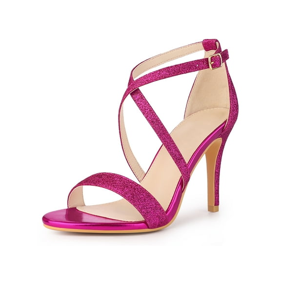 BLISSFUL STEP Glitter Crisscross Strap Stiletto High Heels Sandals for Women Hot Pink 5