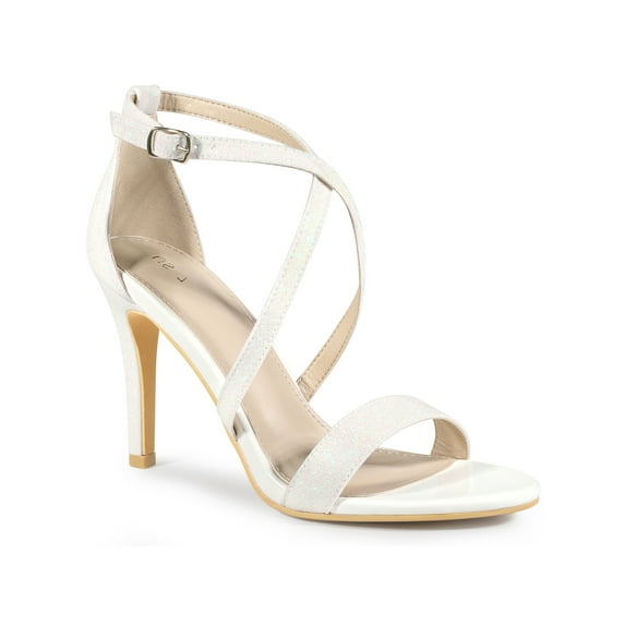 BLISSFUL STEP Inspired Glitter Crisscross Strap Stiletto High Heels Sandals for Women White 8