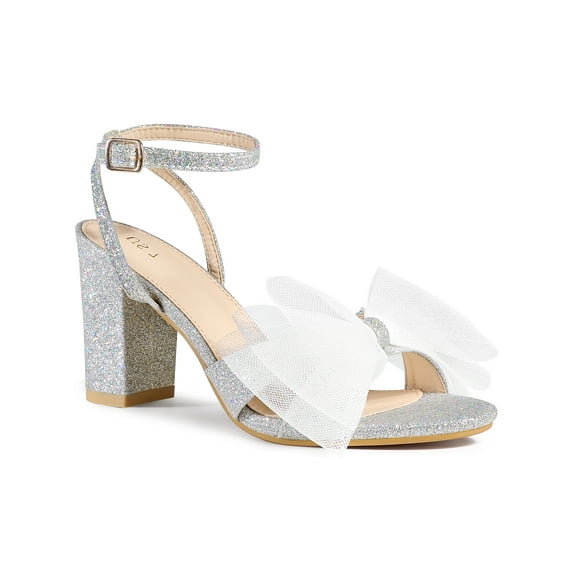 BLISSFUL STEP Glitter Heel Mesh Bow Block High Heel Sandal for Women Silver 9.5