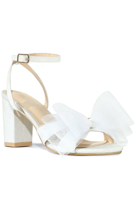 Glitter Heel Mesh Bow Block High Heel Sandal for Women White 8.5