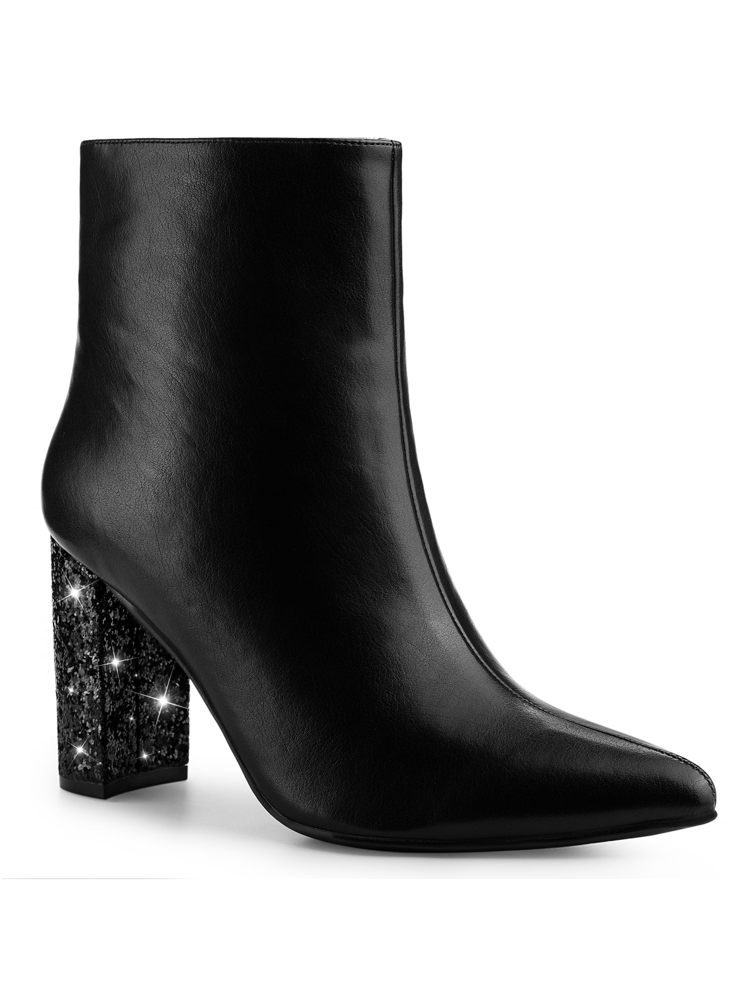 Perphy Glitter Heel Pointy Toe Zipper Chunky Heels Ankle Boots for