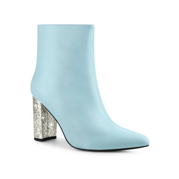 BLISSFUL STEP Glitter Heel Zipper Block Heels Ankle Boots for Women Sky Blue 11
