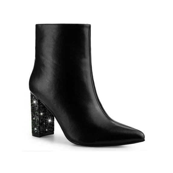 BLISSFUL STEP Glitter Heel Zipper Block Heels Ankle Boots for Women Black 7