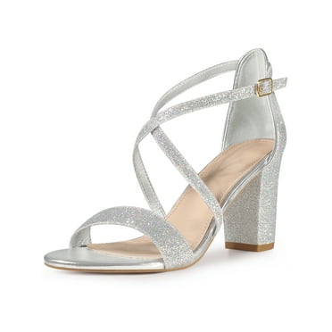 Perphy Glitter Open Toe Crisscross Strap Block Heel Sandals for Women