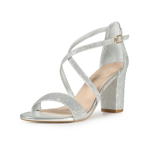 BLISSFUL STEP Glitter Open Toe Crisscross Strap Block Heel Sandals for Women