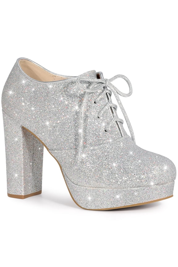 Glitter Platform Chunky Heel Lace Up Booties for Women