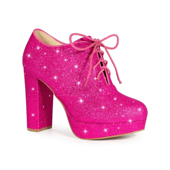 BLISSFUL STEP Glitter Chunky Heel Lace Up Ankle Booties for Women Hot Pink (Size 8)