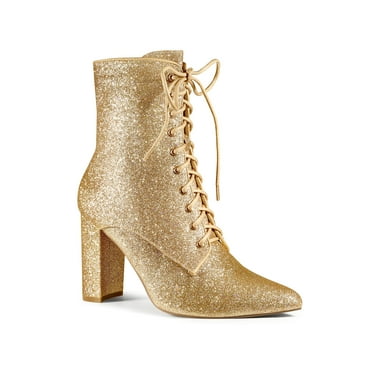 Perphy Glitter Pointed Toe Block Heel Ankle Boots for Women Gold 5.5