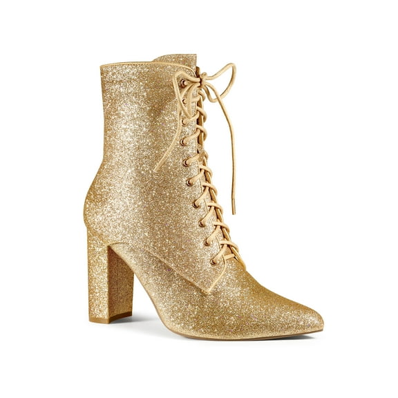 BLISSFUL STEP Glitter Pointed Toe Block Heel Ankle Boots for Women Gold 5.5