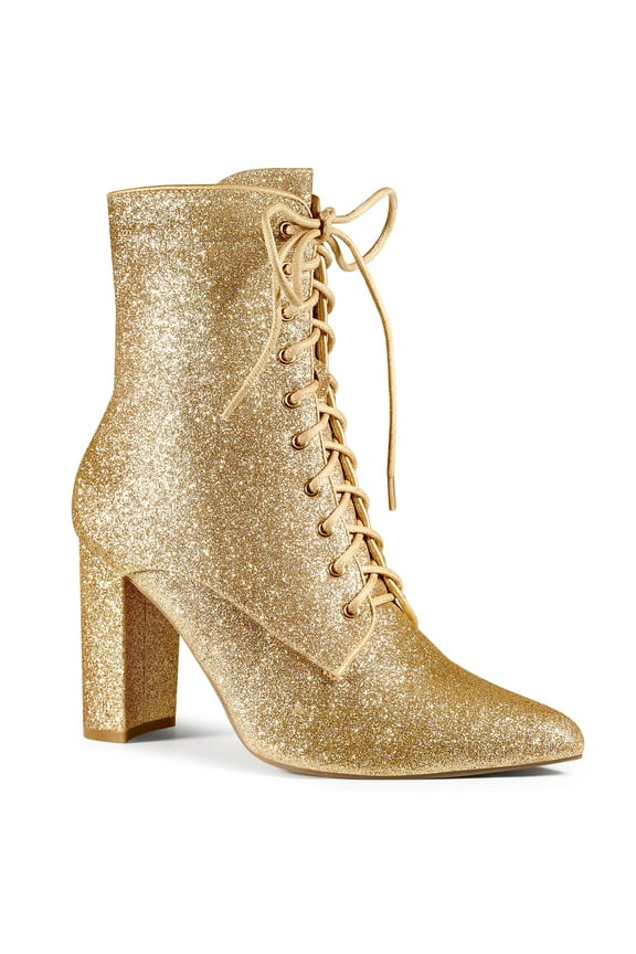 Glitter Pointed Toe Block Heel Ankle Boots for Women Gold 5.5