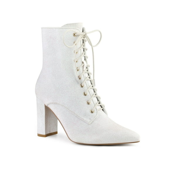 BLISSFUL STEP Glitter Pointed Toe Block Heel Ankle Boots for Women White 9