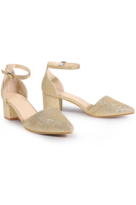 Glitter Pointed Toe Pumps Ankle Strap Buckle Chunky Block Heel Dress Pumps for Women