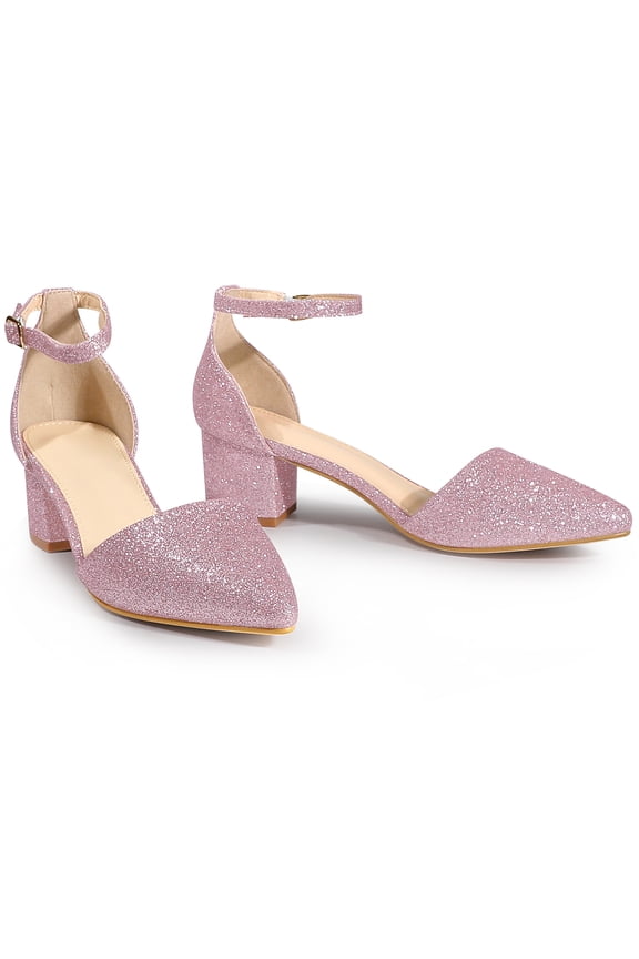 Glitter Pointed Toe Pumps Ankle Strap Buckle Chunky Block Heel Dress Pumps for Women