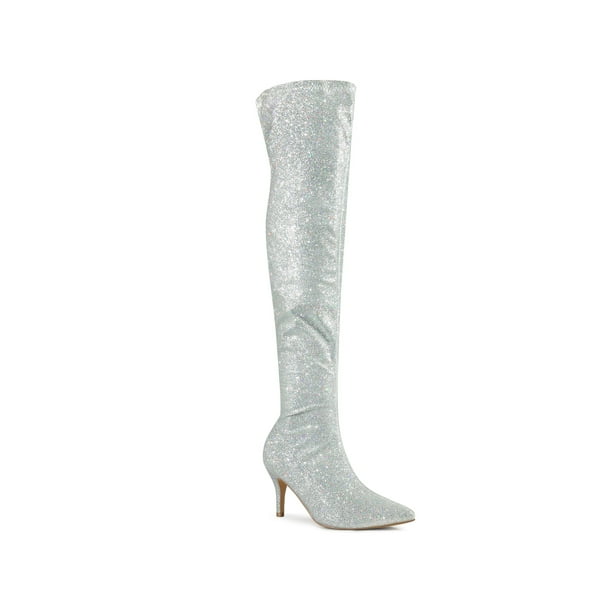 Perphy Glitter Pointed Toe Stiletto Heels Over The Knee Boots for Women Women s Size 5.5 6 7 8 9 10 Silver