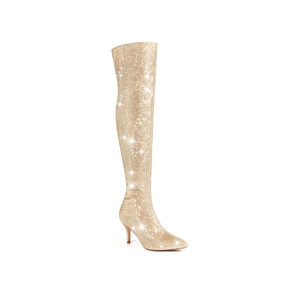 BLISSFUL STEP Women's Boots Glitter Over The Knee Stiletto Heel Pointy Toe Party Boots Gold 8