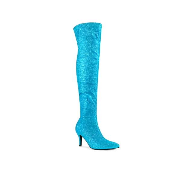 BLISSFUL STEP Women's Boots Glitter Over The Knee Stiletto Heel Pointy Toe Party Boots Lake Blue 9