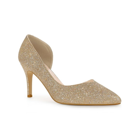 BLISSFUL STEP Glitter Pointed Toe Stiletto Heels Pumps for Women Gold 7