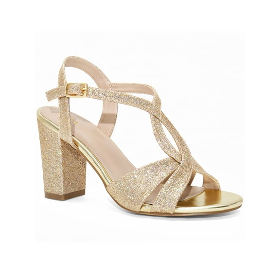 BLISSFUL STEP Glitter Sparkly Heels Crisscross Strap Chunky Heel Sandals for Women Gold (Size 7)