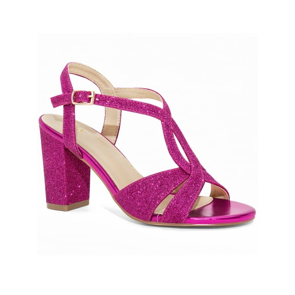 BLISSFUL STEP Glitter Sparkly Heels Crisscross Strap Chunky Heel Sandals for Women Hot Pink (Size 8)