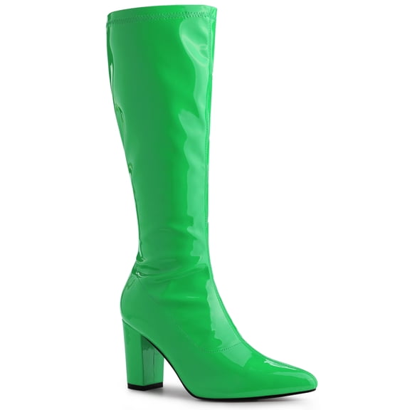 BLISSFUL STEP Women's GoGo Boot Block Heels Knee High Boots Green 7